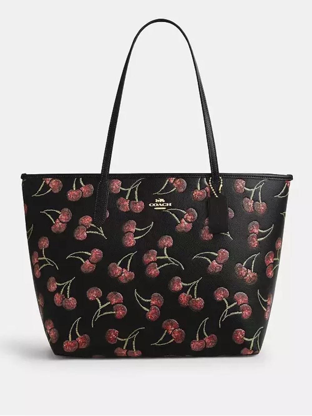 NWT Coach Black Leather City Tote with Cherry Print
